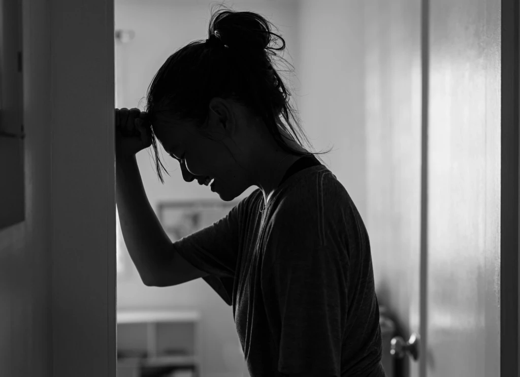A black and white image of a woman putting her head on a wall in sadness