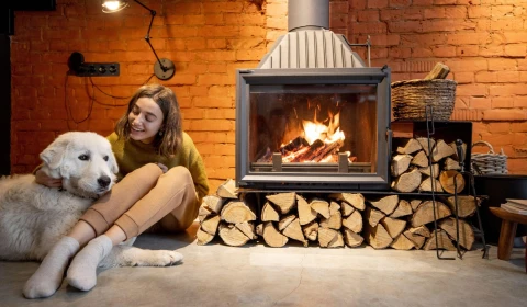 Woman by wood stove with dog