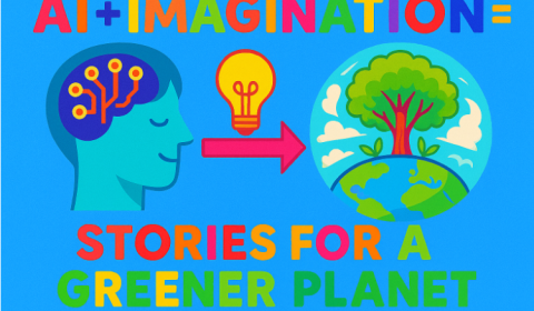 Painted image of a blue human head with a circuit brain, a yellow light bulb with a red arrow pointing to a green tree on Earth, and the text