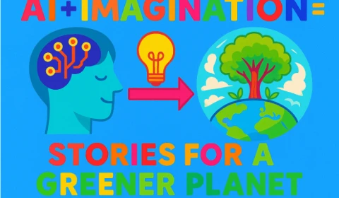 Painted image of a blue human head with a circuit brain, a yellow light bulb with a red arrow pointing to a green tree on Earth, and the text