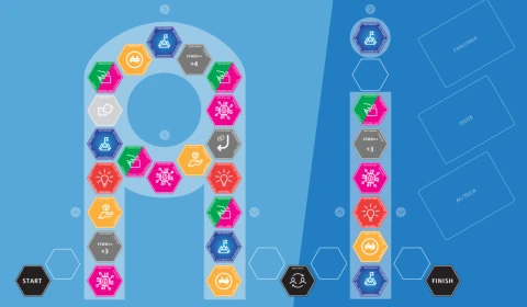 A picture of a board game, with hexagonal spaces. The board game route spells out