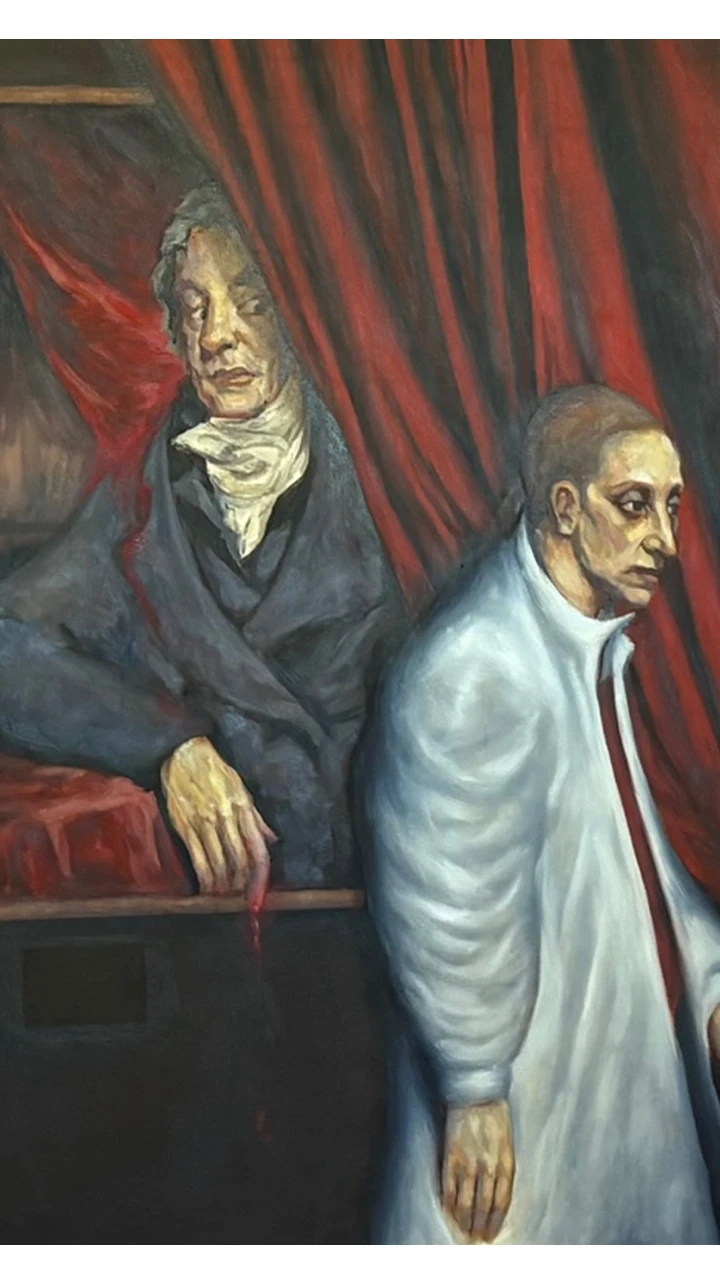 Painting 'They Look Past The Truth' by artist Anna Louise Loy. A man dressed in smart, period clothing looks out from behind a red curtain, eying another man wearing a long white coat.