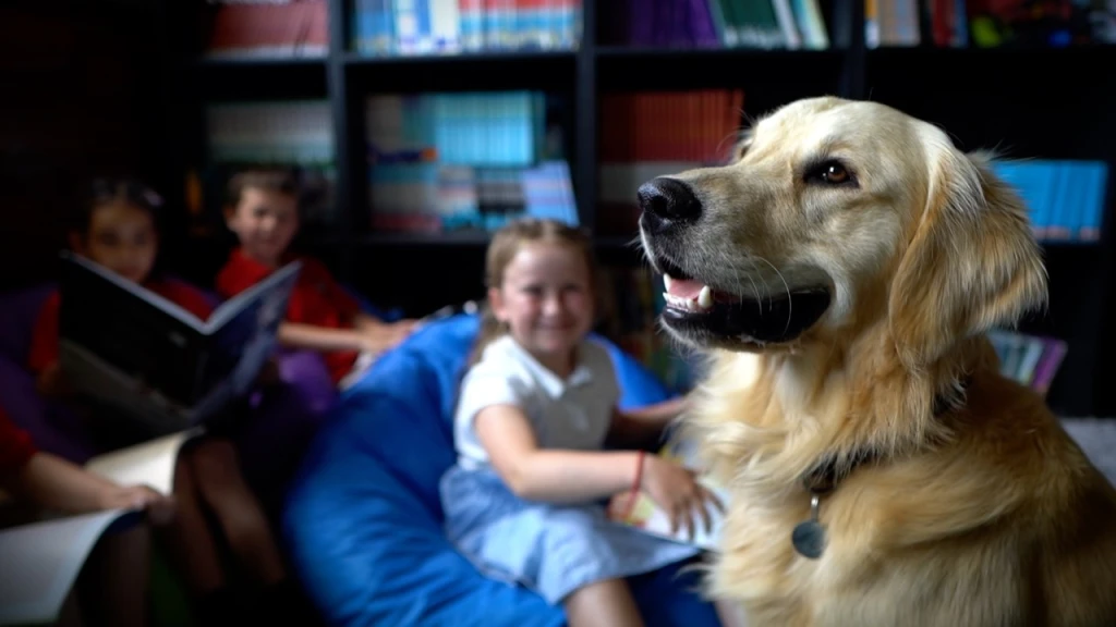 Golden retriever at a reading with dogs session