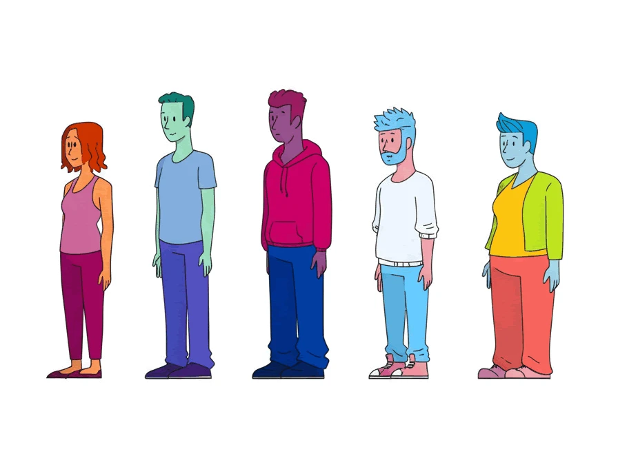 Five cartoon/sketch style people. Each person represents a different strand of the LGBTQ community, and are designed in the colours for each flag.