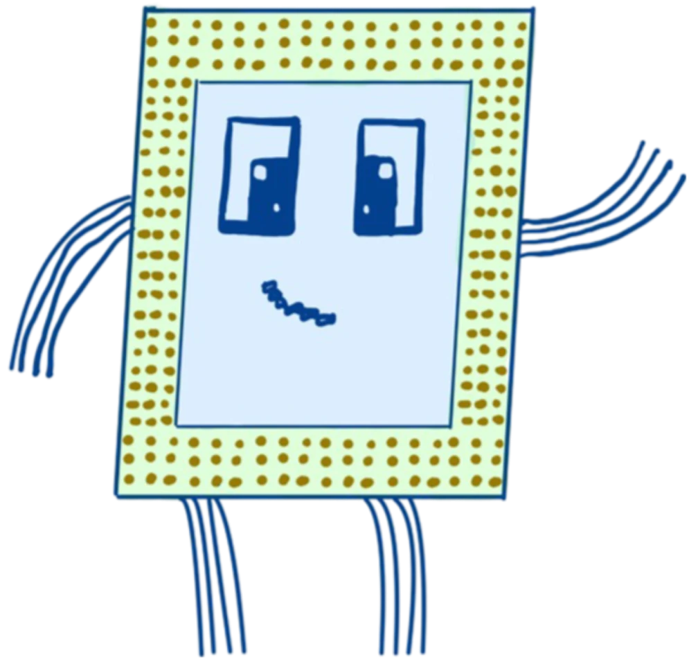 'Chip is the DH mascot. They are a blue and yellow cartoon computer chip with flat cable ribbons for arms and legs.
