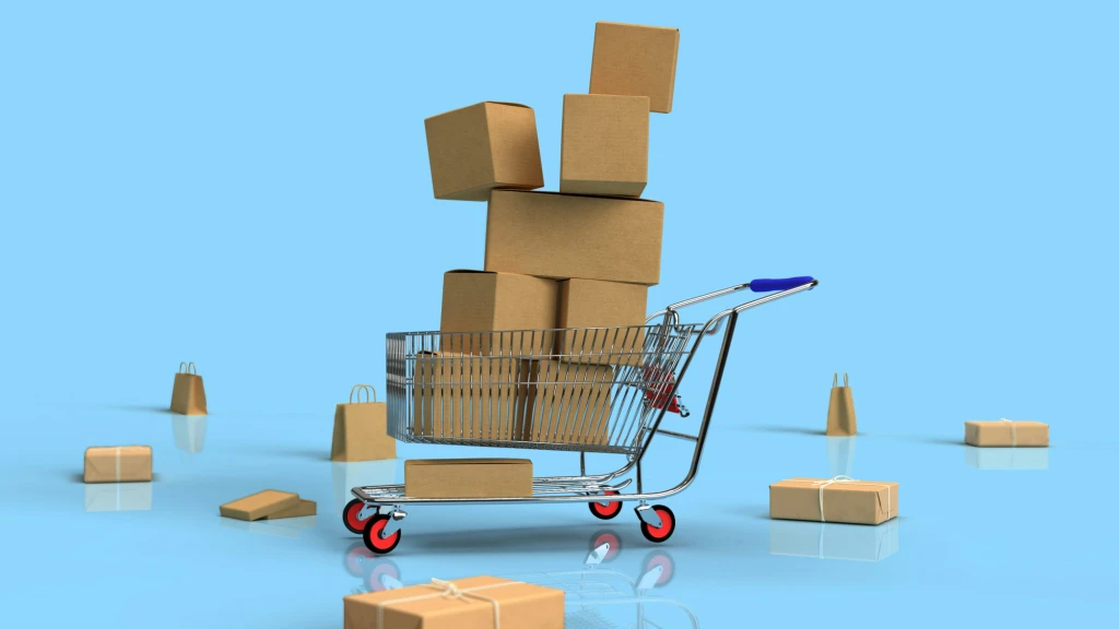 A trolley filled with cardboard boxes.