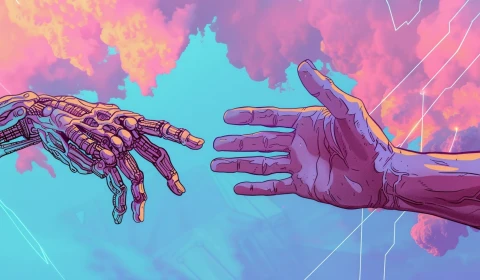 A human hand and a cyborg hand reaching towards each other, in front of a blue sky background with pink, purple and yellow clouds, with white lines across the sky to represent networks.