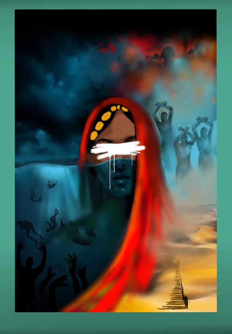 A picture of a veiled woman surrounded by sillouhettes of chained and drowning people with a shadowy background.