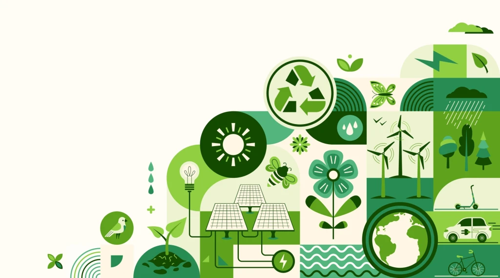 Illustration made up of various images to represent sustainability, including a recycling symbol, leaves, an electric car, insects and a wind farm