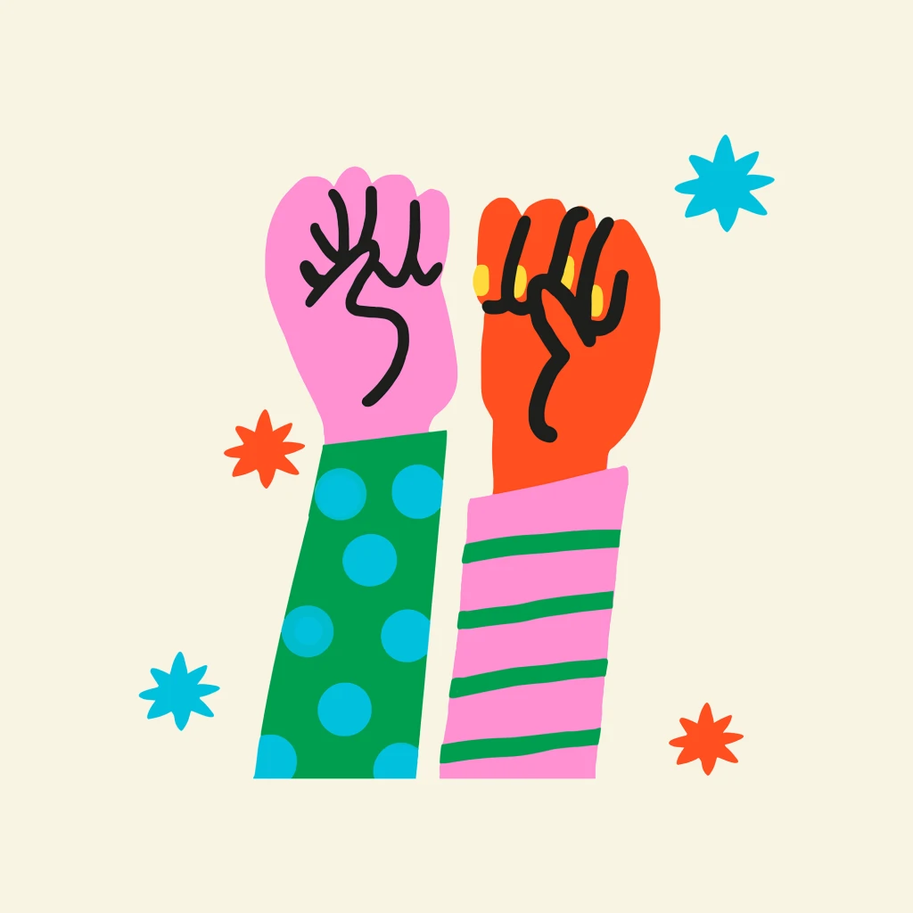 Illustration of two colourful arms and fists, raised in solidarity, surrounded by stars