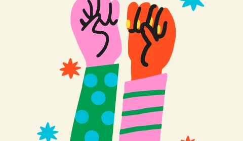 Illustration of two colourful arms and fists, raised in solidarity, surrounded by stars