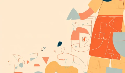Image in muted yellow, orange and blue, showing a person in an apron with abstract items tumbling out of a washing machine