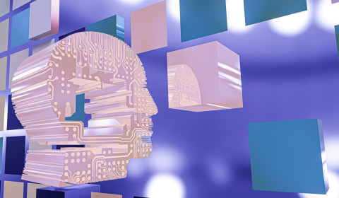 A digital image of a head surrounded by cubes.