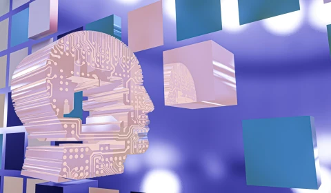 A digital image of a head surrounded by cubes.