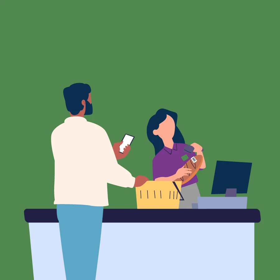 Image: A person paying for food and a second person operating a checkout till.