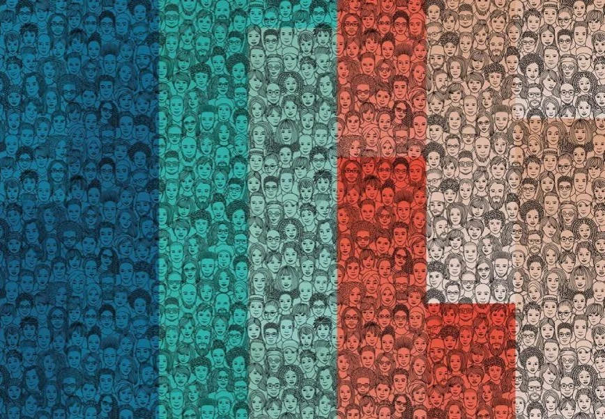 Line drawings of the faces of a diverse crowd of people, against a background of varying shades of blue, teal, orange, and beige