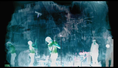 Surreal negative-like image showing people cleaning against a textured blue background.