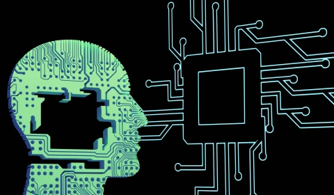 A stylised graphic of a human head with the pattern of a computer chip on it, looking towards more digital circuitry. Credit: Steve Johnson at Unsplash.