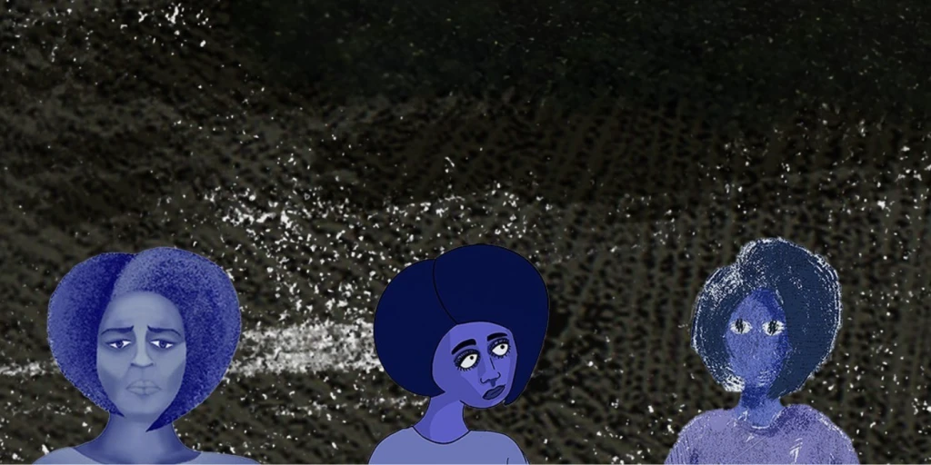 Image with black background numerous animated pictures of woman along the bottom and a pair of eyes at the top