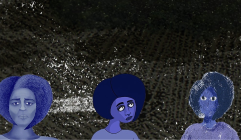 Image with black background numerous animated pictures of woman along the bottom and a pair of eyes at the top