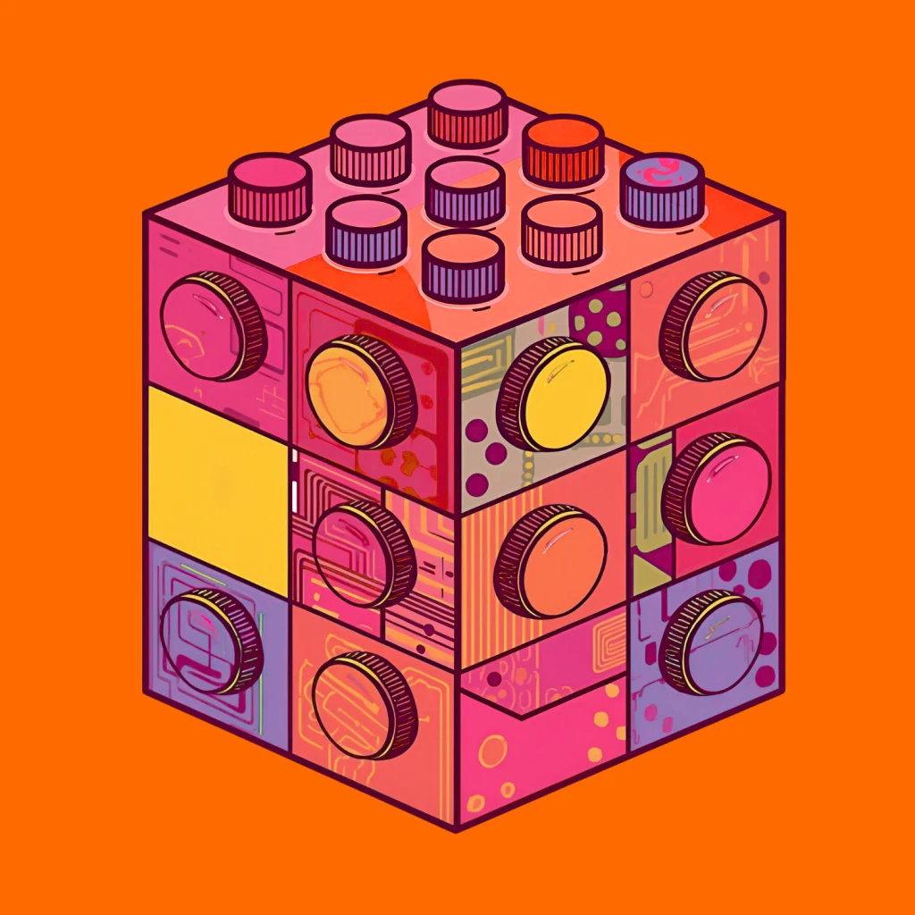 A multicoloured Lego block on a bight orange backgrund