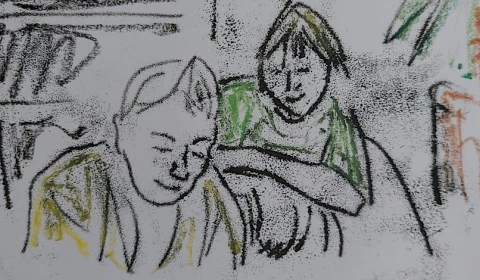A monoprint of a grandmother and granddaughter looking through photographs