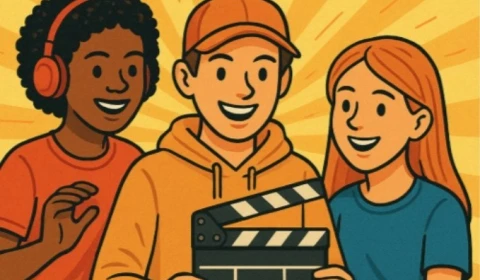Cartoon image of three young people holding a clapperboard, with an orange and yellow background, under the title 'Work in a Changing World' and a footnote which reads 'Filmmaking Workshop'
